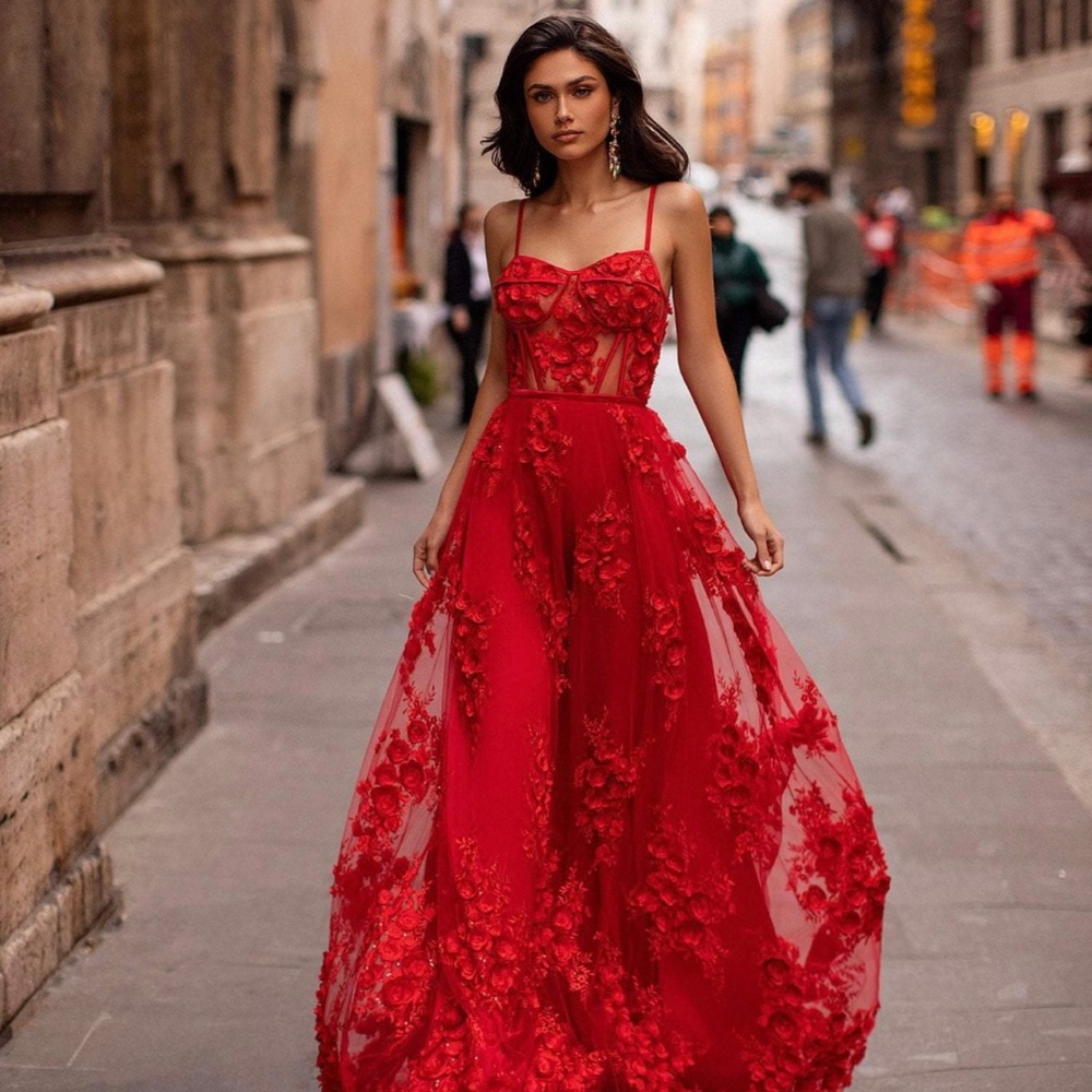 Elegant Red Lace Evening Gown